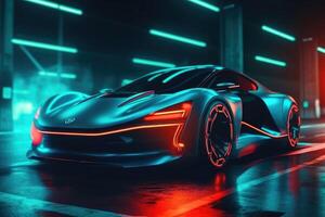 futuristic neon electric car, neon lights night view. photo