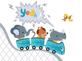 Funny animals cartoon on rollercoaster with little bird vector