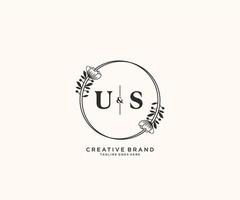 initial US letters hand drawn feminine and floral botanical logo suitable for spa salon skin hair beauty boutique and cosmetic company. vector