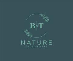 inicial bt letras botánico femenino logo modelo floral, editable prefabricado monoline logo adecuado, lujo femenino Boda marca, corporativo. vector
