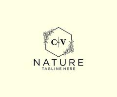 initial CV letters Botanical feminine logo template floral, editable premade monoline logo suitable, Luxury feminine wedding branding, corporate. vector