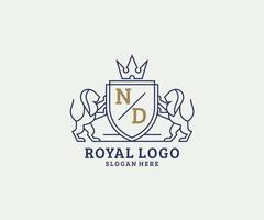 Initial ND Letter Lion Royal Luxury Logo template in vector art for Restaurant, Royalty, Boutique, Cafe, Hotel, Heraldic, Jewelry, Fashion and other vector illustration.