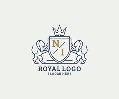 Initial NI Letter Lion Royal Luxury Logo template in vector art for Restaurant, Royalty, Boutique, Cafe, Hotel, Heraldic, Jewelry, Fashion and other vector illustration.