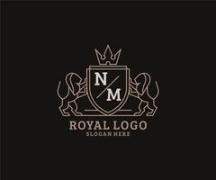 Initial NM Letter Lion Royal Luxury Logo template in vector art for Restaurant, Royalty, Boutique, Cafe, Hotel, Heraldic, Jewelry, Fashion and other vector illustration.