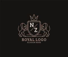 Initial NZ Letter Lion Royal Luxury Logo template in vector art for Restaurant, Royalty, Boutique, Cafe, Hotel, Heraldic, Jewelry, Fashion and other vector illustration.