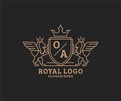 Initial OA Letter Lion Royal Luxury Heraldic,Crest Logo template in vector art for Restaurant, Royalty, Boutique, Cafe, Hotel, Heraldic, Jewelry, Fashion and other vector illustration.