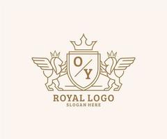 Initial OY Letter Lion Royal Luxury Heraldic,Crest Logo template in vector art for Restaurant, Royalty, Boutique, Cafe, Hotel, Heraldic, Jewelry, Fashion and other vector illustration.