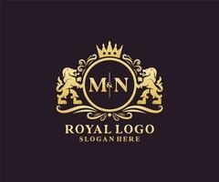 Initial MN Letter Lion Royal Luxury Logo template in vector art for Restaurant, Royalty, Boutique, Cafe, Hotel, Heraldic, Jewelry, Fashion and other vector illustration.