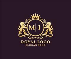 Initial MI Letter Lion Royal Luxury Logo template in vector art for Restaurant, Royalty, Boutique, Cafe, Hotel, Heraldic, Jewelry, Fashion and other vector illustration.