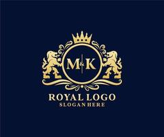 Initial MK Letter Lion Royal Luxury Logo template in vector art for Restaurant, Royalty, Boutique, Cafe, Hotel, Heraldic, Jewelry, Fashion and other vector illustration.