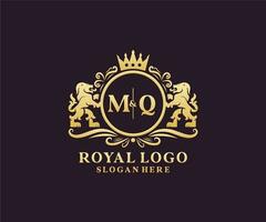 Initial MQ Letter Lion Royal Luxury Logo template in vector art for Restaurant, Royalty, Boutique, Cafe, Hotel, Heraldic, Jewelry, Fashion and other vector illustration.