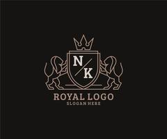 Initial NK Letter Lion Royal Luxury Logo template in vector art for Restaurant, Royalty, Boutique, Cafe, Hotel, Heraldic, Jewelry, Fashion and other vector illustration.