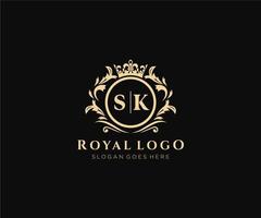 Initial SK Letter Luxurious Brand Logo Template, for Restaurant, Royalty, Boutique, Cafe, Hotel, Heraldic, Jewelry, Fashion and other vector illustration.