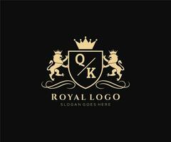 Initial QK Letter Lion Royal Luxury Heraldic,Crest Logo template in vector art for Restaurant, Royalty, Boutique, Cafe, Hotel, Heraldic, Jewelry, Fashion and other vector illustration.