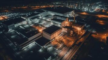 aéreo ver de un petróleo empresa en el noche ai generado foto