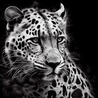 Persian leopard in rainforest black and white. AI generation photo