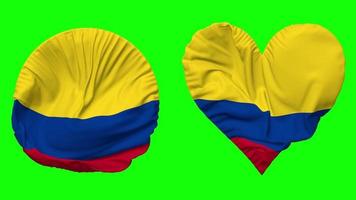 Colombia Flag in Heart and Round Shape Waving Seamless Looping, Looped Waving Slow Motion Flag, Chroma Key, 3D Rendering video