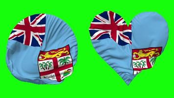 Fiji bandera en corazón y redondo forma ondulación sin costura bucle, serpenteado ondulación lento movimiento bandera, croma llave, 3d representación video