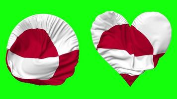 Greenland Flag in Heart and Round Shape Waving Seamless Looping, Looped Waving Slow Motion Flag, Chroma Key, 3D Rendering video