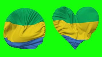 Gabon Flag in Heart and Round Shape Waving Seamless Looping, Looped Waving Slow Motion Flag, Chroma Key, 3D Rendering video