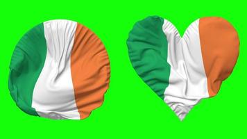 Irlanda bandeira dentro coração e volta forma acenando desatado looping, em loop acenando lento movimento bandeira, croma chave, 3d Renderização video