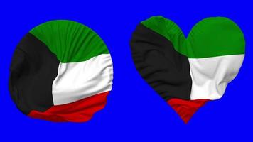 Kuwait bandera en corazón y redondo forma ondulación sin costura bucle, serpenteado ondulación lento movimiento bandera, croma llave, 3d representación video