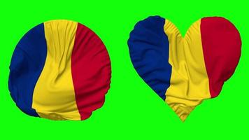 Rumania bandera en corazón y redondo forma ondulación sin costura bucle, serpenteado ondulación lento movimiento bandera, croma llave, 3d representación video