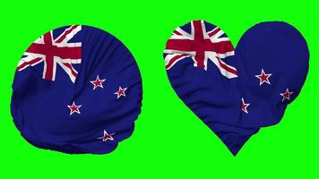 New Zealand Flag in Heart and Round Shape Waving Seamless Looping, Looped Waving Slow Motion Flag, Chroma Key, 3D Rendering video