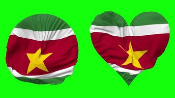 Suriname vlag in hart en ronde vorm golvend naadloos lus, lusvormige golvend langzaam beweging vlag, chroma sleutel, 3d renderen video