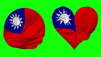 Taiwan Flag in Heart and Round Shape Waving Seamless Looping, Looped Waving Slow Motion Flag, Chroma Key, 3D Rendering video