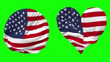 vereinigt Zustände, USA Flagge im Herz und runden gestalten winken nahtlos Schleife, geloopt winken schleppend Bewegung Flagge, Chroma Taste, 3d Rendern video