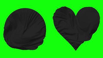 Black Color Flag in Heart and Round Shape Waving Seamless Looping, Looped Waving Slow Motion Flag, Chroma Key, 3D Rendering video