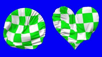 carreras verde y blanco a cuadros bandera en corazón y redondo forma ondulación sin costura bucle, serpenteado ondulación lento movimiento bandera, croma llave, 3d representación video