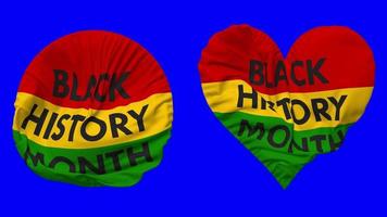 Black History Month Flag in Heart and Round Shape Waving Seamless Looping, Looped Waving Slow Motion Flag, Chroma Key, 3D Rendering video