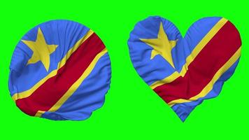 DR Congo Flag in Heart and Round Shape Waving Seamless Looping, Looped Waving Slow Motion Flag, Chroma Key, 3D Rendering video