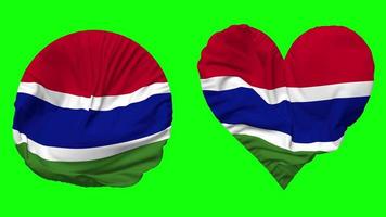 Gambia bandera en corazón y redondo forma ondulación sin costura bucle, serpenteado ondulación lento movimiento bandera, croma llave, 3d representación video