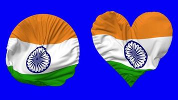 India Flag in Heart and Round Shape Waving Seamless Looping, Looped Waving Slow Motion Flag, Chroma Key, 3D Rendering video