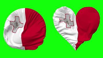Malta Flag in Heart and Round Shape Waving Seamless Looping, Looped Waving Slow Motion Flag, Chroma Key, 3D Rendering video
