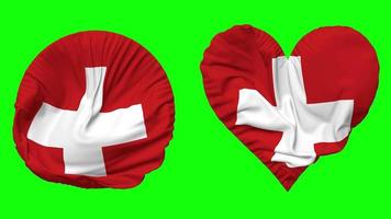 Switzerland Flag in Heart and Round Shape Waving Seamless Looping, Looped Waving Slow Motion Flag, Chroma Key, 3D Rendering video