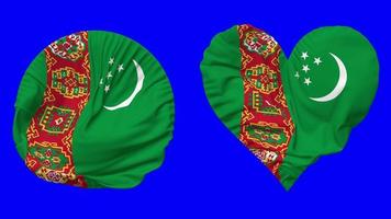 Turkmenistán bandera en corazón y redondo forma ondulación sin costura bucle, serpenteado ondulación lento movimiento bandera, croma llave, 3d representación video