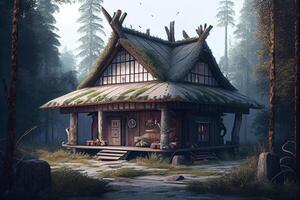 Old shaman's house in the forest photo