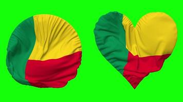 Benin Flag in Heart and Round Shape Waving Seamless Looping, Looped Waving Slow Motion Flag, Chroma Key, 3D Rendering video