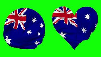 Australia bandera en corazón y redondo forma ondulación sin costura bucle, serpenteado ondulación lento movimiento bandera, croma llave, 3d representación video