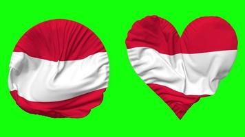 Austria Flag in Heart and Round Shape Waving Seamless Looping, Looped Waving Slow Motion Flag, Chroma Key, 3D Rendering video