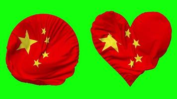 China bandeira dentro coração e volta forma acenando desatado looping, em loop acenando lento movimento bandeira, croma chave, 3d Renderização video