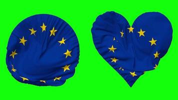 europäisch Union, EU Flagge im Herz und runden gestalten winken nahtlos Schleife, geloopt winken schleppend Bewegung Flagge, Chroma Taste, 3d Rendern video