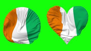 Ivoire côte drapeau dans cœur et rond forme agitant sans couture en boucle, en boucle agitant lent mouvement drapeau, chrominance clé, 3d le rendu video