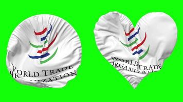 wereld handel organisatie, wto vlag in hart en ronde vorm golvend naadloos lus, lusvormige golvend langzaam beweging vlag, chroma sleutel, 3d renderen video