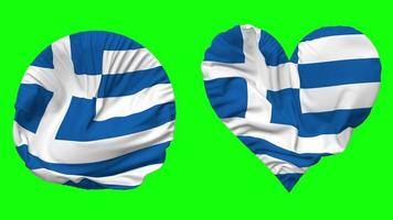 Grecia bandera en corazón y redondo forma ondulación sin costura bucle, serpenteado ondulación lento movimiento bandera, croma llave, 3d representación video