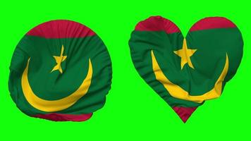 Mauritanie drapeau dans cœur et rond forme agitant sans couture en boucle, en boucle agitant lent mouvement drapeau, chrominance clé, 3d le rendu video